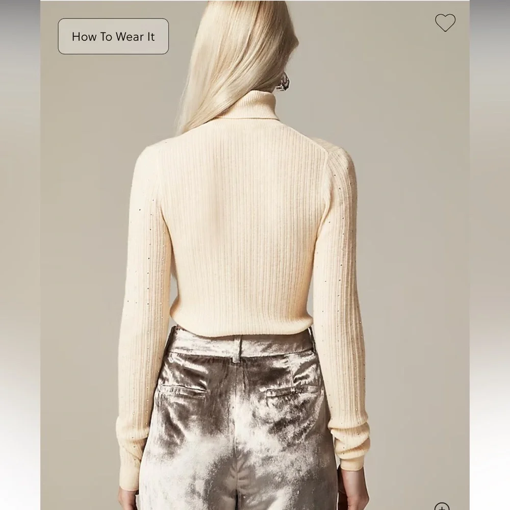 J Crew Featherweight cashmere turtleneck sweater with rhinestones Buttercream S